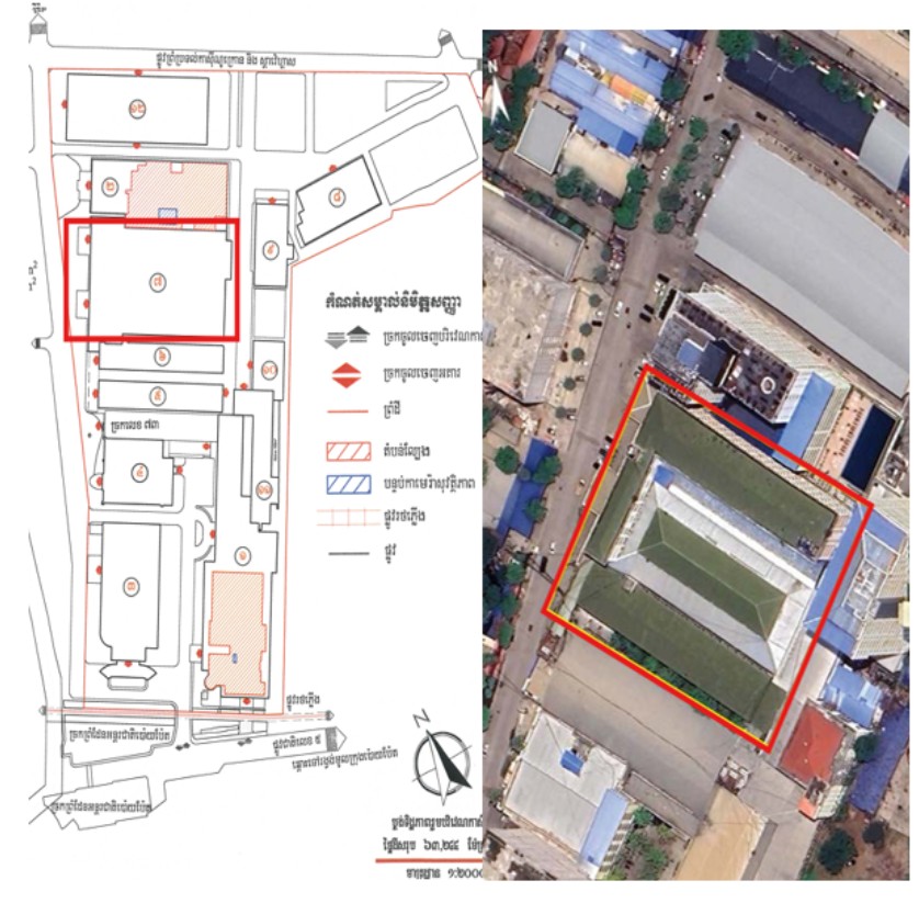 The Crown Resorts (Poipet) CGMC-approved map (left) and the PO18 scamming compound profiled by Amnesty International (right) with a red box on both maps showing the location where two victims were deprived of their liberty and threatened with violence. (Source: Amnesty International/CGMC)