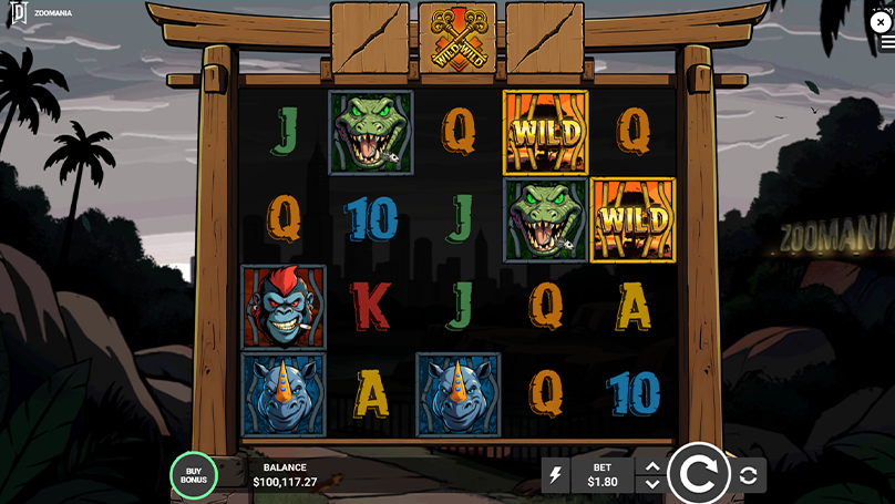 Zoomania slot showing wild symbols and top feature row enhancers impacting the reels below.