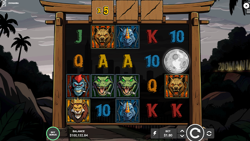 Zoomania slot base game with animal symbols, jungle backdrop and top feature row multiplier active.