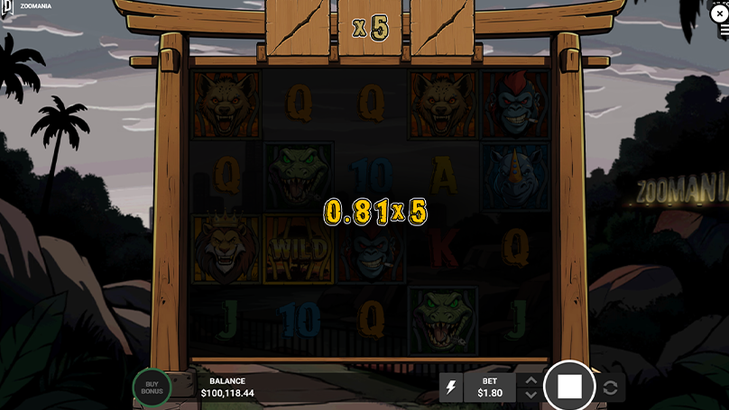 Zoomania slot win display showing 0.81 payout with 5x multiplier applied on high volatility spin.